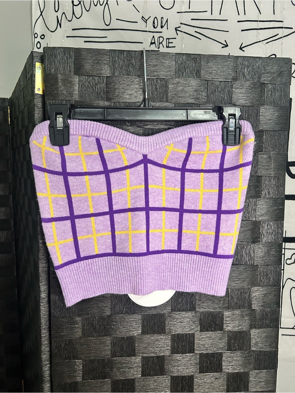 Princess Polly Strapless Crop Sweater with Purple and Yellow Plaid
